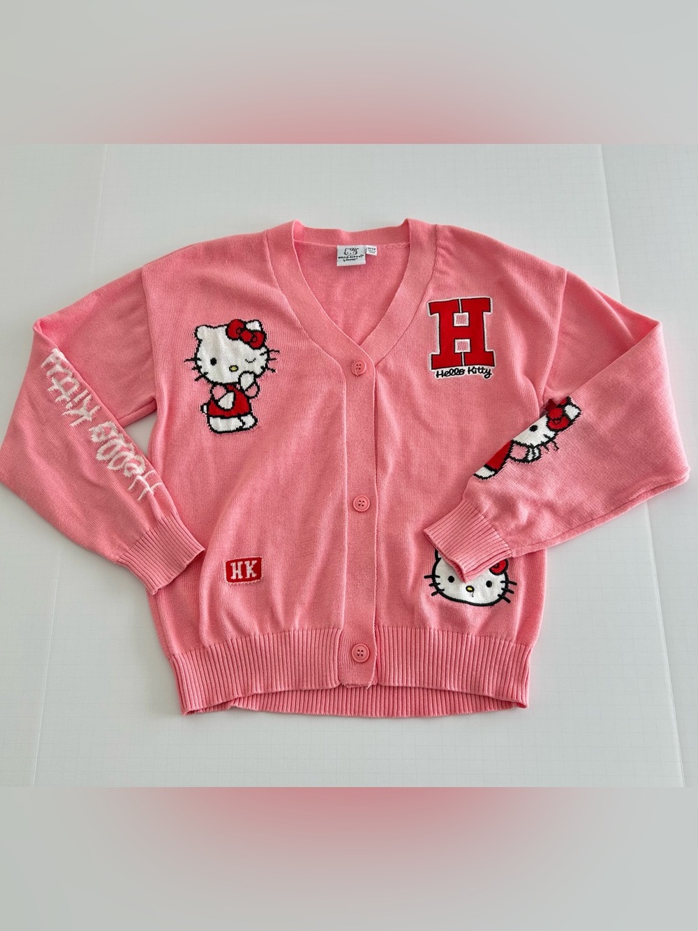 Hello Kitty Sanrio Pink Varsity Knit Cardigan Sweater Size 11/12